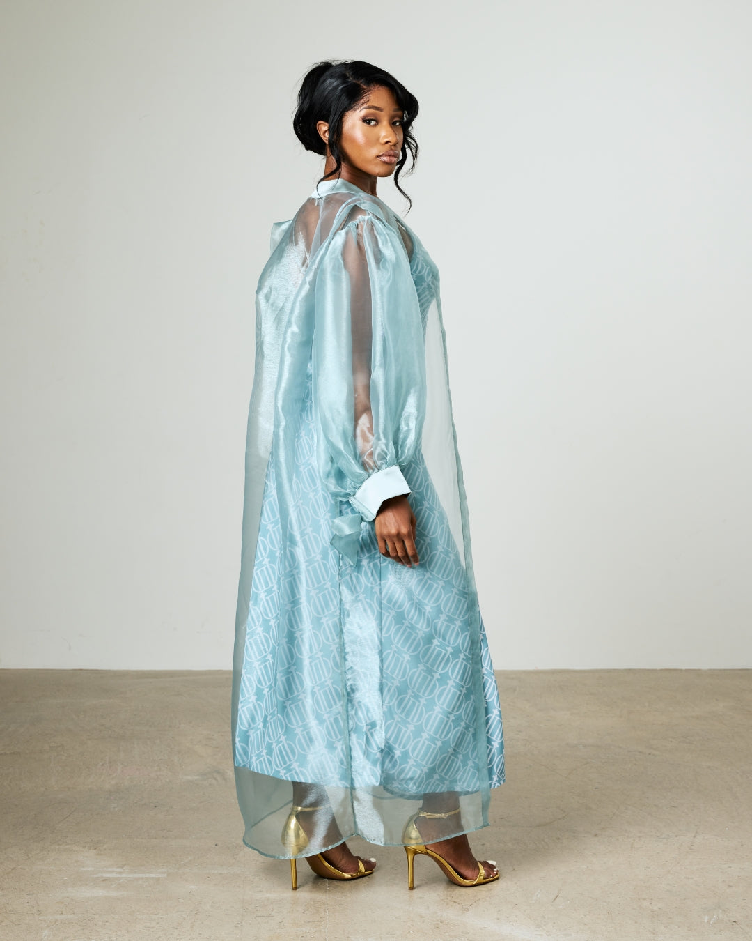 The Céleste Organza Robe — three-quarter view, Blue Mist
