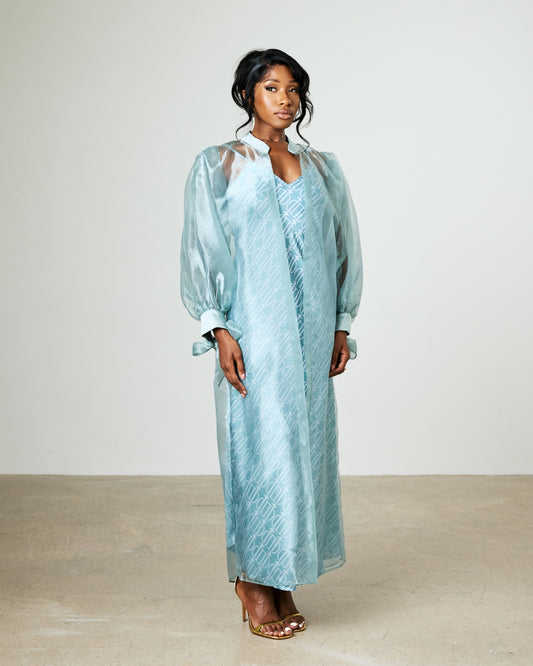 The Céleste Organza Robe — side view, Blue Mist