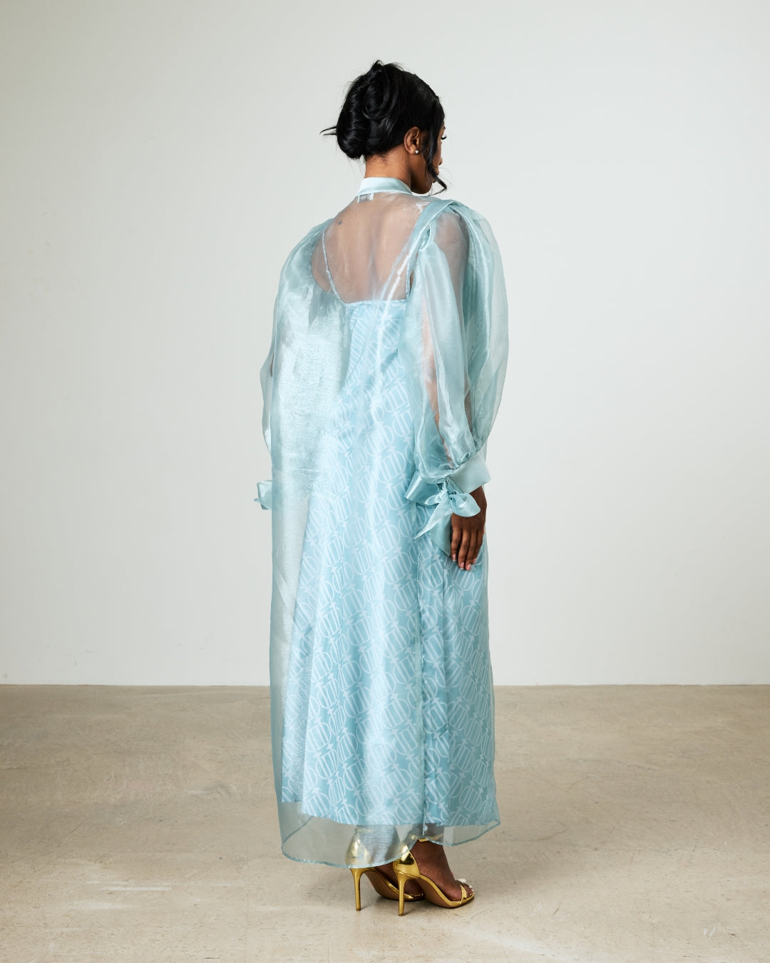 The Céleste Organza Robe — back view, Blue Mist