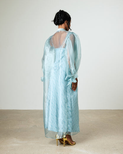 The Céleste Organza Robe — back view, Blue Mist