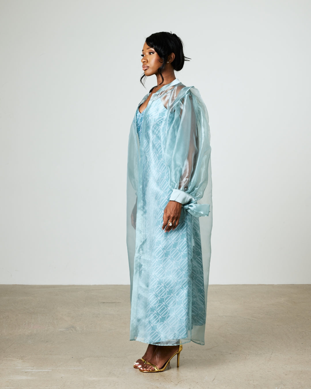 The Céleste Organza Robe — front view, Blue Mist